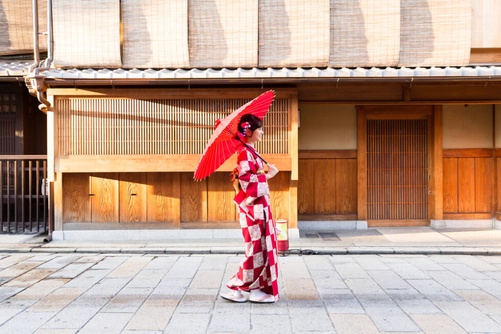 和傘をさして歩く着物の女性